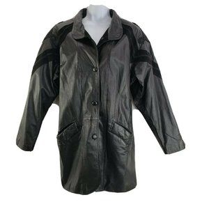 Womens‎ Vintage Black Genuine Leather Winlit short Trench Coat Jacket Medium Y2K
